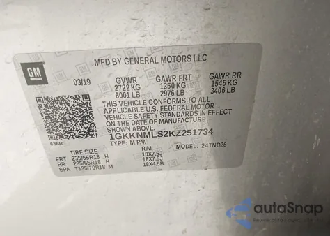 2019 GMC Acadia Slt-1 from USA, damaged, VIN 1GKKNMLS2KZ251734